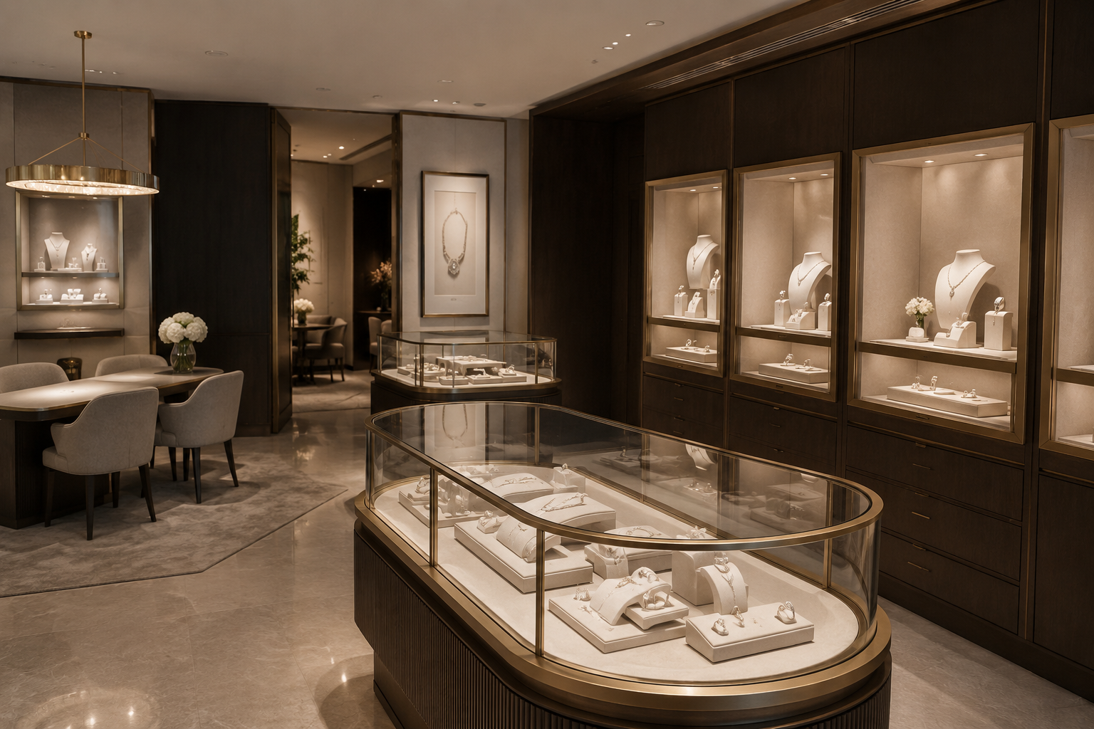 Boutique interior with gold-trimmed glass display cases showing jewelry pieces on velvet stands