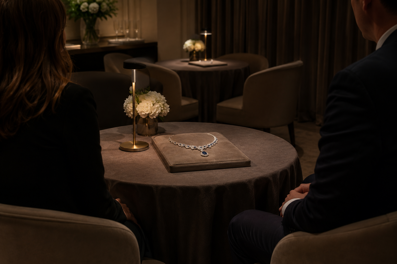 Two people seated at an intimate table during a private high jewelry event viewing