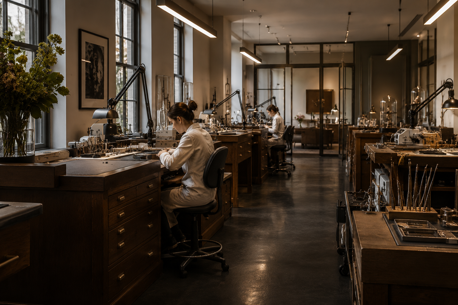 Jewelry repair technicians working at wooden workbenches with precision tools
