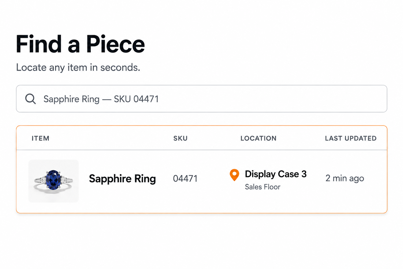 Argos Find a Piece search showing a sapphire ring located in Display Case 3