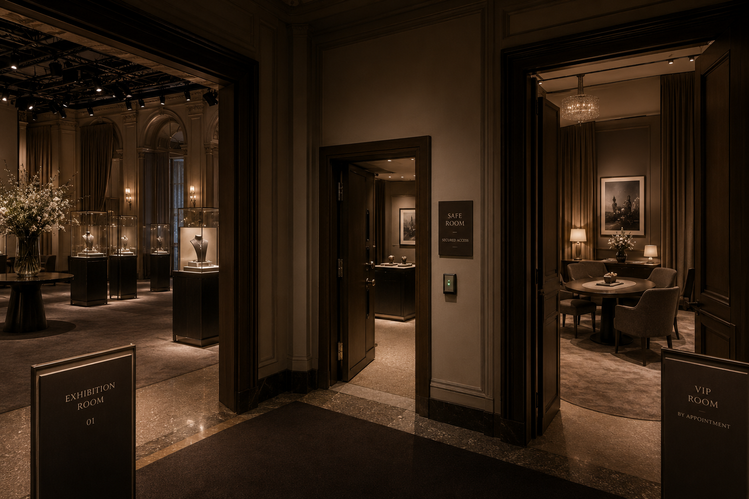 Private high jewelry event space with an exhibition room, a secured safe room, and a VIP viewing room