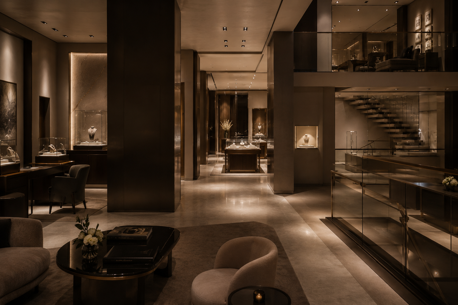 Multi-level flagship boutique interior with glass display cases, a floating staircase, and a lounge seating area